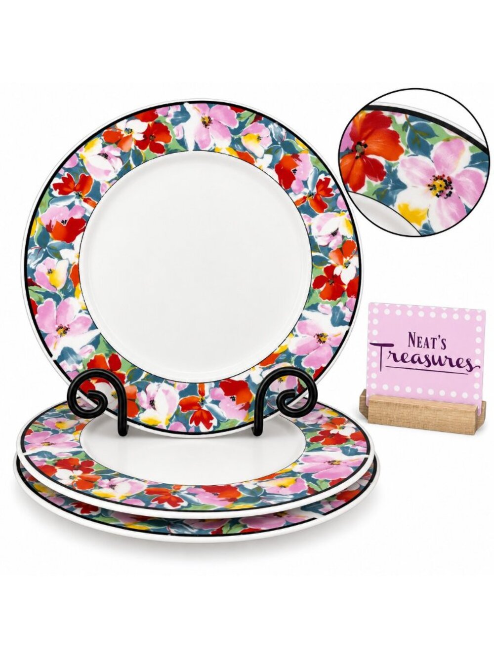 China Pearl DAISY Red Pink Blue Yellow Floral Rim Fine China Dinner Plates Set 3